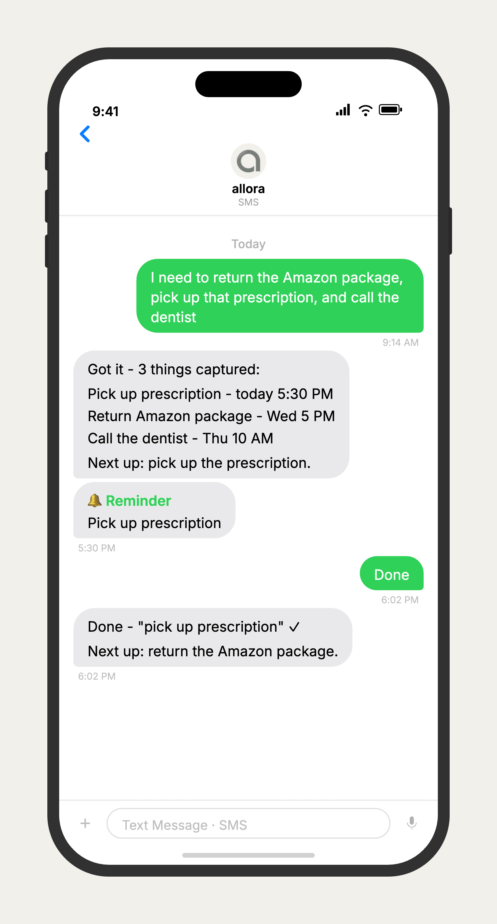 allora SMS conversation showing a brain dump text turned into 3 organized tasks with smart reminders β pick up prescription at 5:30 PM, call mom back tomorrow at 10 AM, dentist Thursday at 3 PM